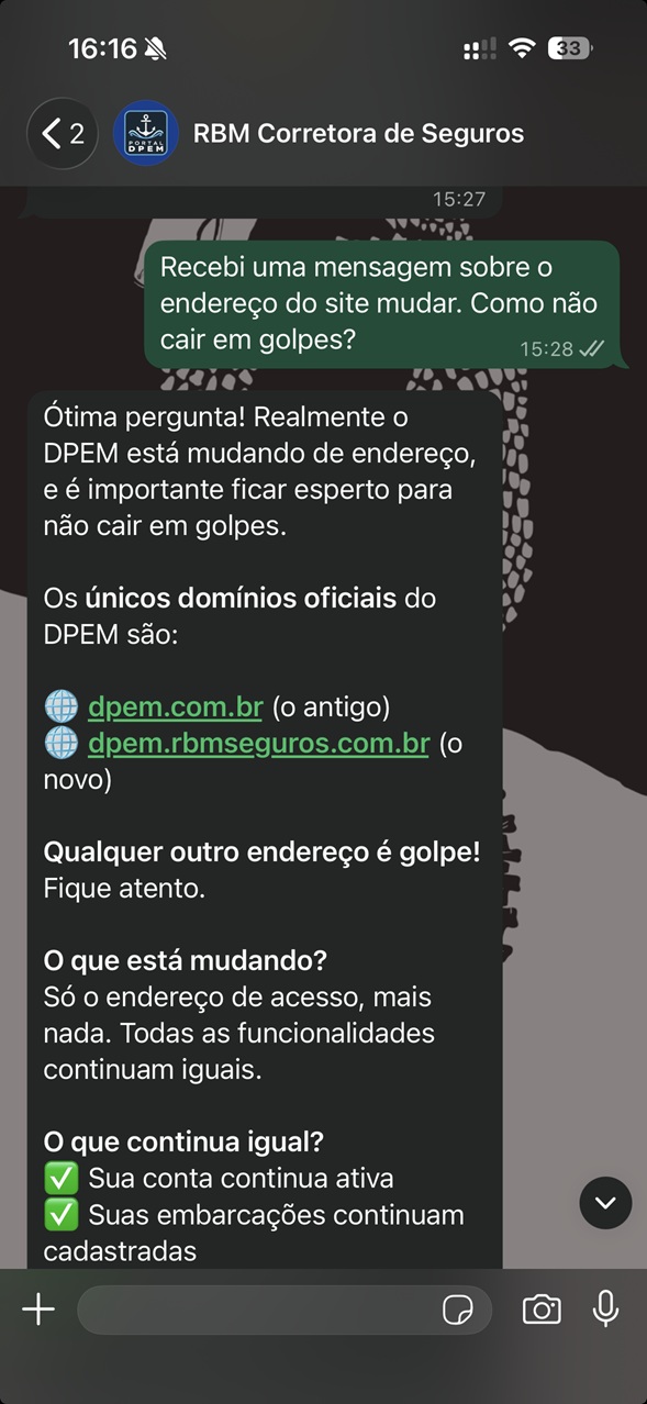Cliente confirmando a autenticidade da mensagem com o suporte do DPEM